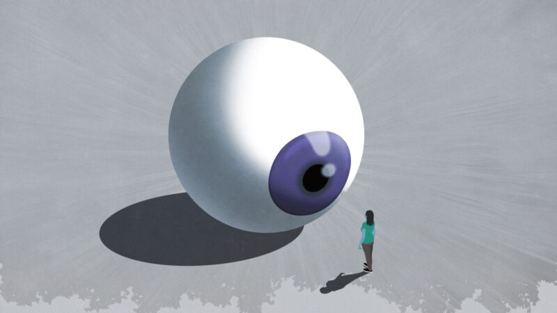 An illustration of a woman standing in front of a large eyeball.