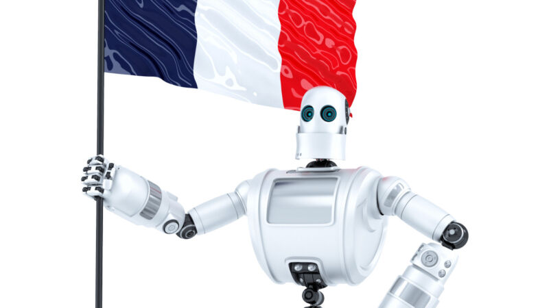 An illustrated robot holding a French flag.