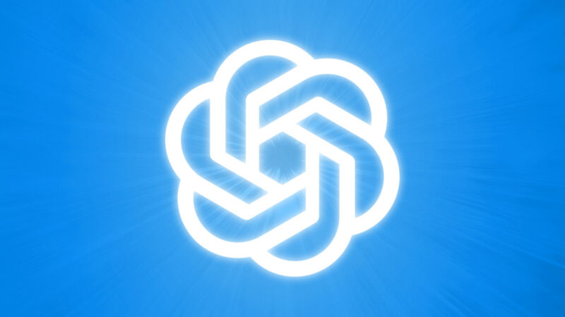 A glowing OpenAI logo on a light blue background.