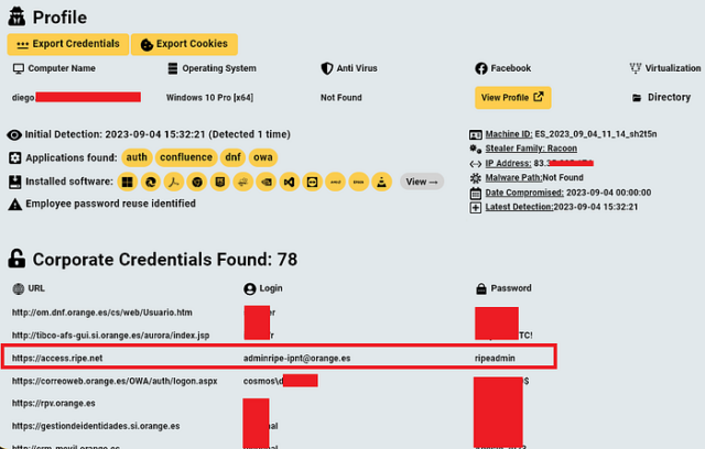 Partially redacted screenshot from Hudson Rock database showing the credentials for the Orange RIPE account.