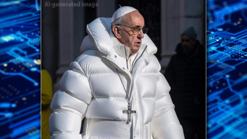 A cropped portion of an AI-generated image of Pope Francis wearing a puffy coat that went viral in March 2023.