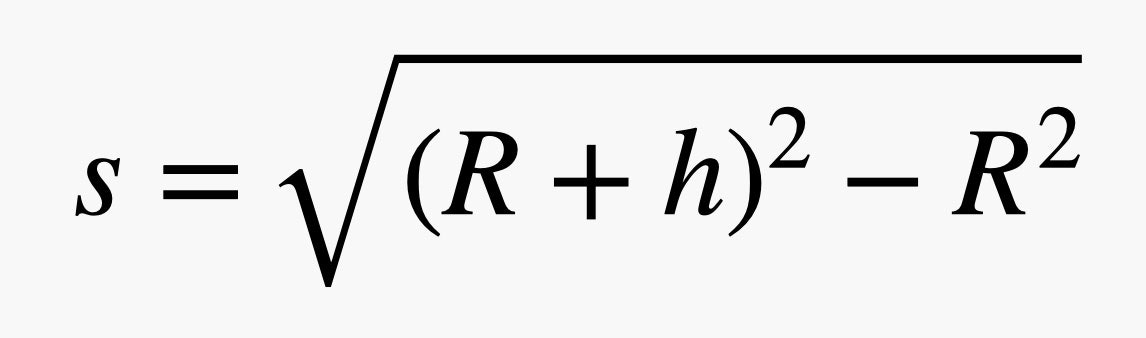 s equals the square root of R plus h square minus r squared