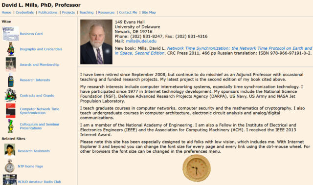 A screenshot of Dr. David L. Mills' website at the University of Delaware captured on January 19, 2024.