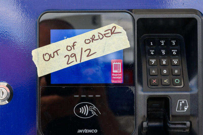 A gas station displays an out-of-order sign on February 29, 2024.