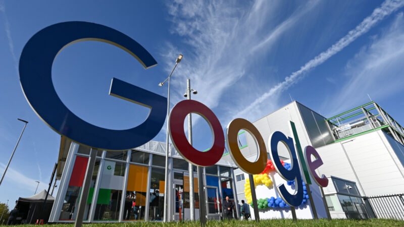 A Google sign stands in front of the building on the sidelines of the opening of the new Google Cloud data center in Hesse, Hanau, opened in October 2023.