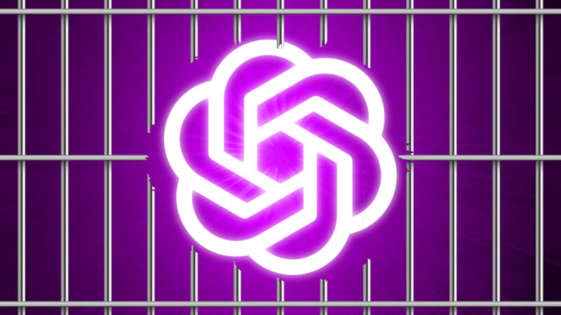 The OpenAI logo emerging from broken jail bars, on a purple background.