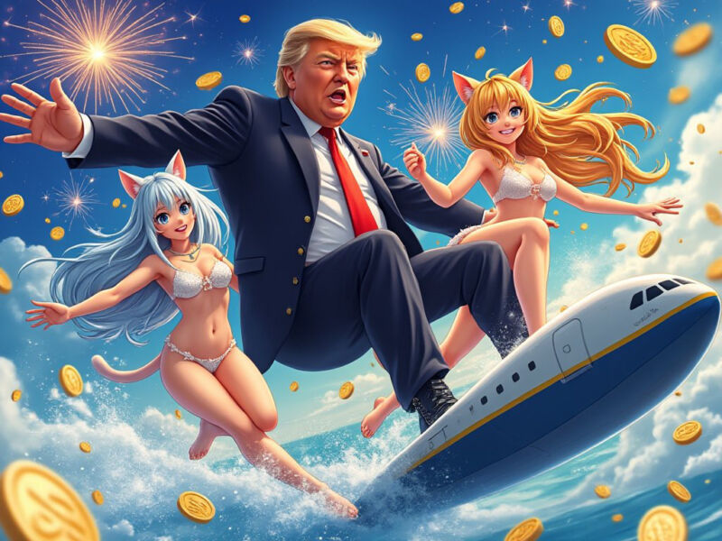 An AI-generated image of Donald Trump and catgirls created with Grok, which uses the Flux image synthesis model.