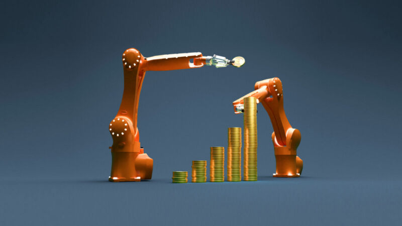 An illustration of two robot arms stacking gold coins.