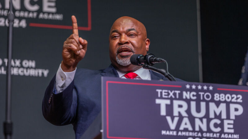 Mark Robinson, Lieutenant Governor of North Carolina and candidate for Governor, delivers remarks prior to Republican presidential nominee former President Donald Trump speaking at a campaign event at Harrah's Cherokee Center on August 14, 2024 in Asheville, North Carolina.